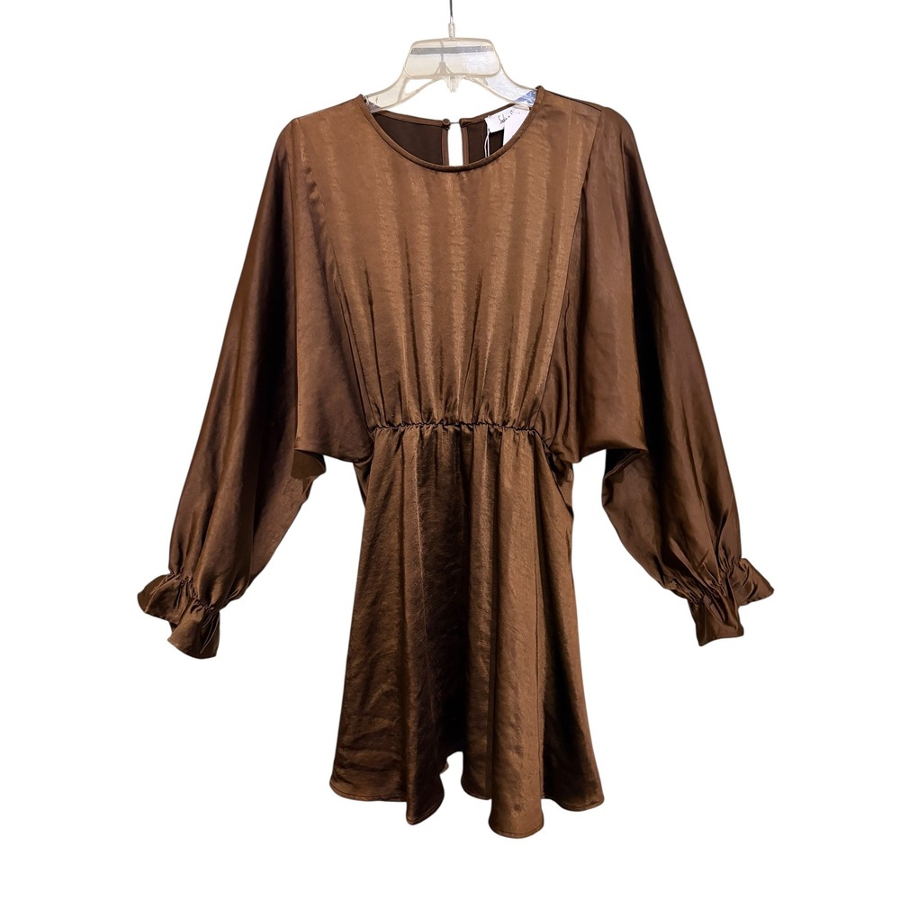 NWT Chocolate Brown Satin Mini Dress SZ Medium Dolman Sleeve Romantic Party Chic